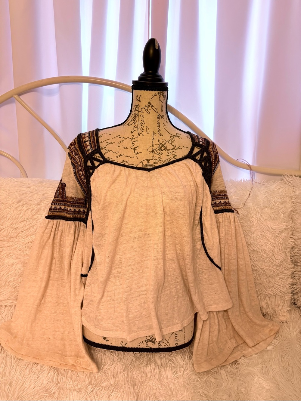Y2K Free People Cream Peasant Tunic with Black Trim and Maroon Embroidery